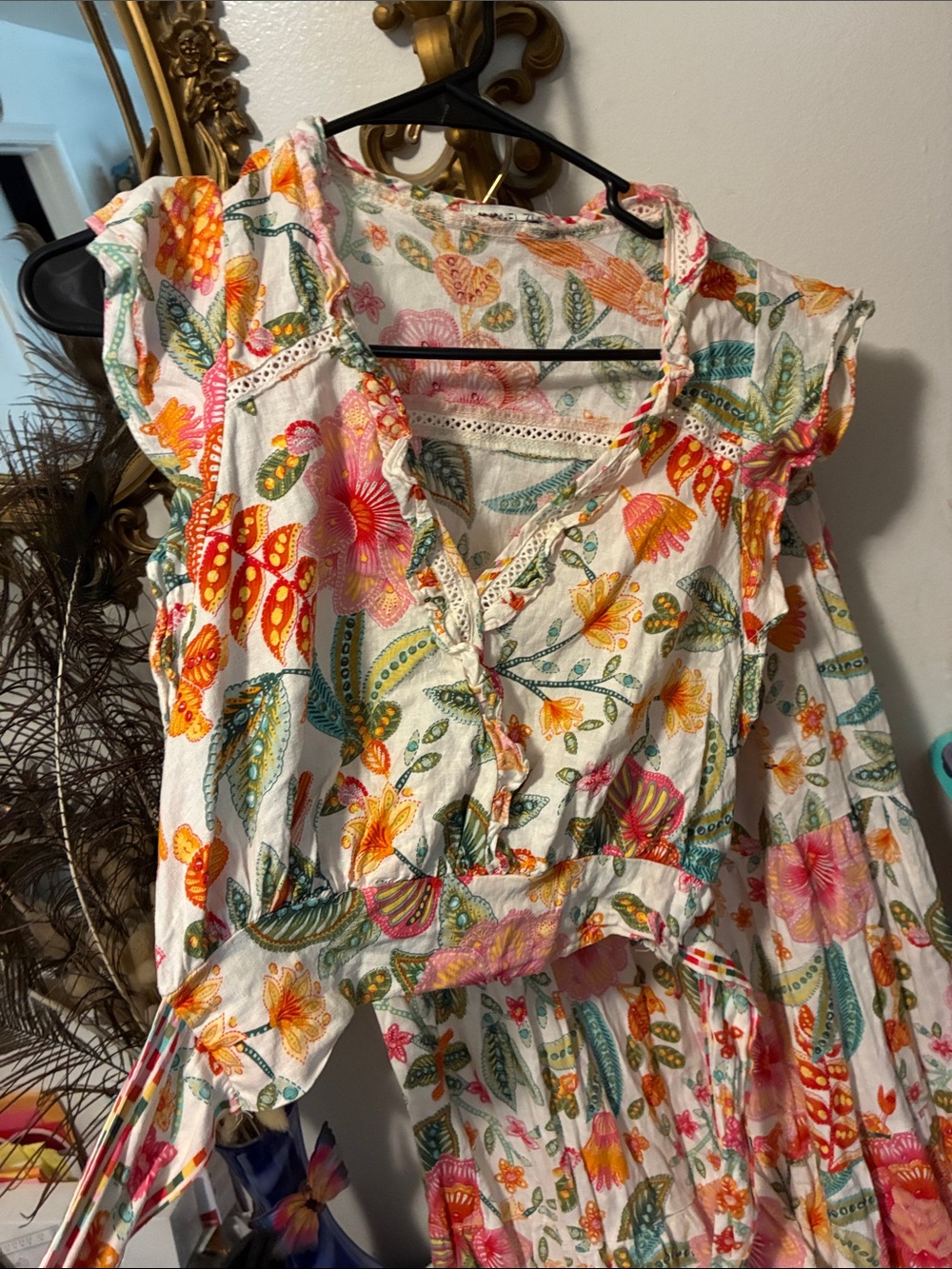 Floral Ruffle Sleeveless Cotton top and a skirt- White with Pink & Orange Flower - Picture 3 of 12